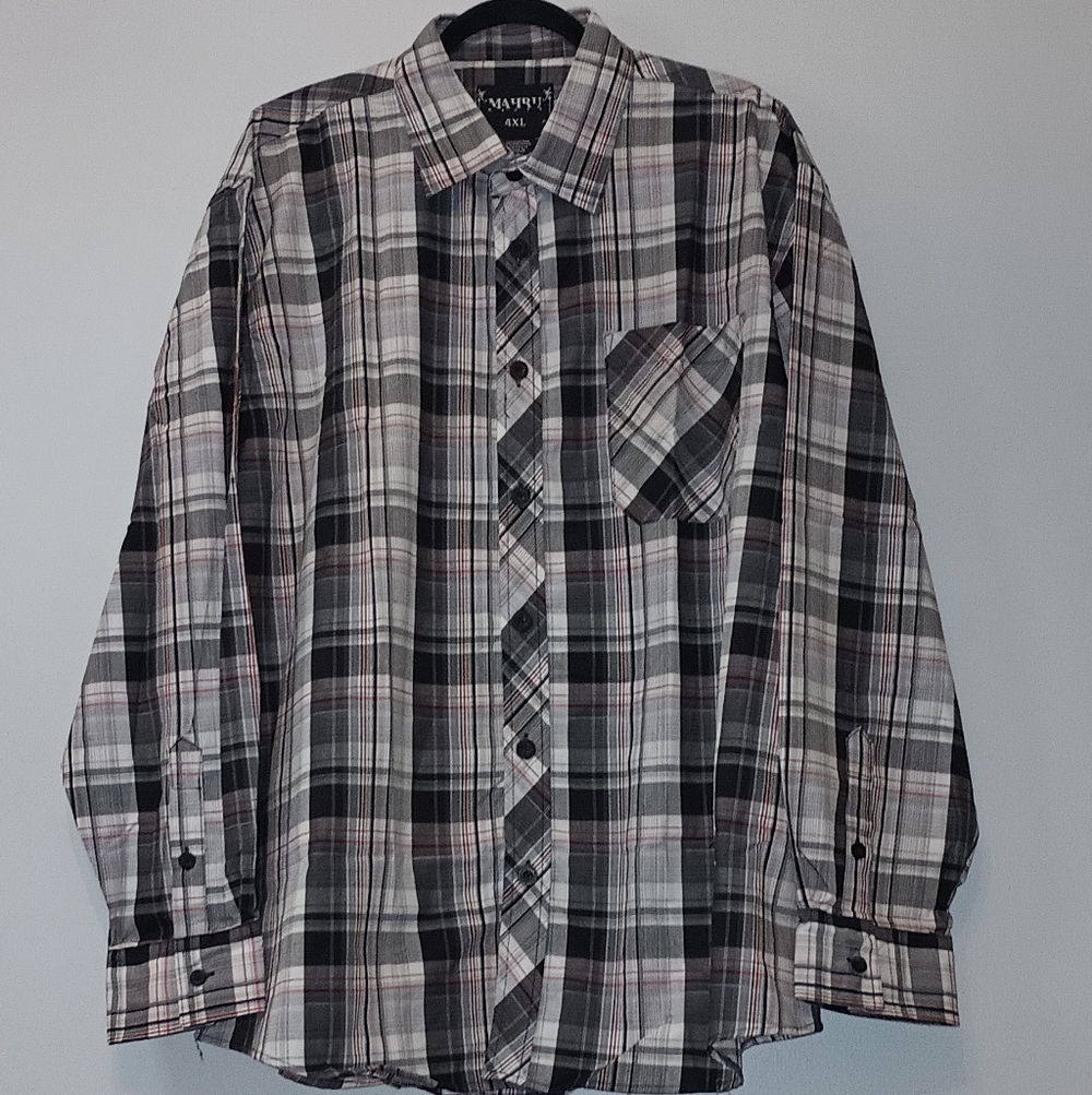Men's Mahru Plaid‎ Button-Down Shirt in Black and Gray 4XL